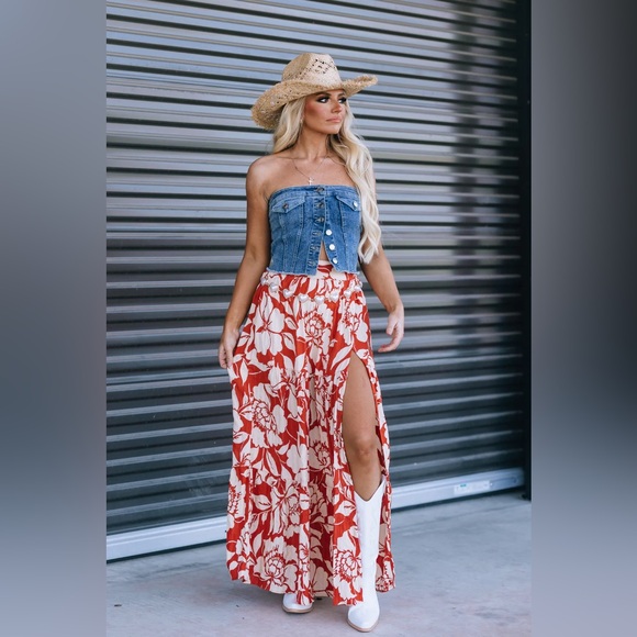 NWT Angie Floral Tropical Print Side Front Slit Long Maxi Skirt Clay - Picture 4 of 10